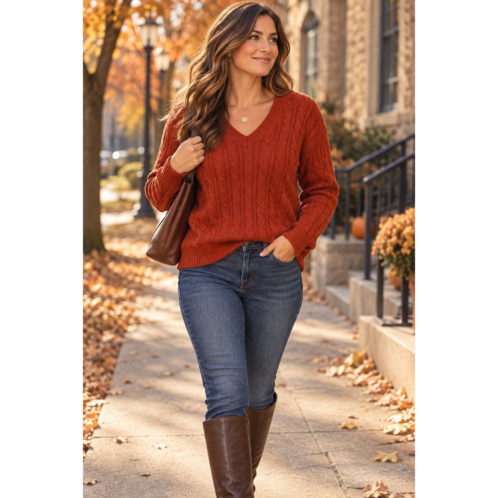 St Johns Bay Womens XL Rust Orange Cable Knit V Neck Cotton Sweater Preppy